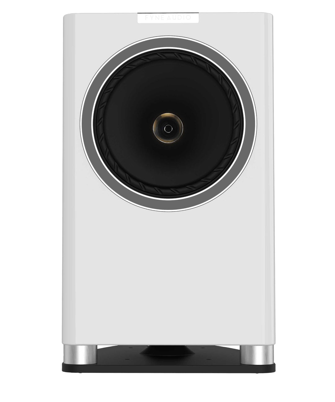 Weißer F701 Lautsprecher im Hochglanz-Klavierlack mit FS8-Standfuß von FYNE Audio